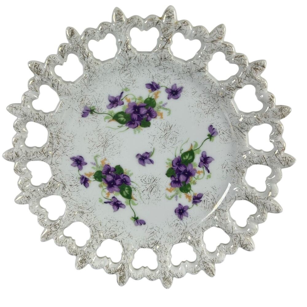 Vtg Norcrest Tart Decorative Hanging Plate- White Purple Gold- 8" Sweet Violet